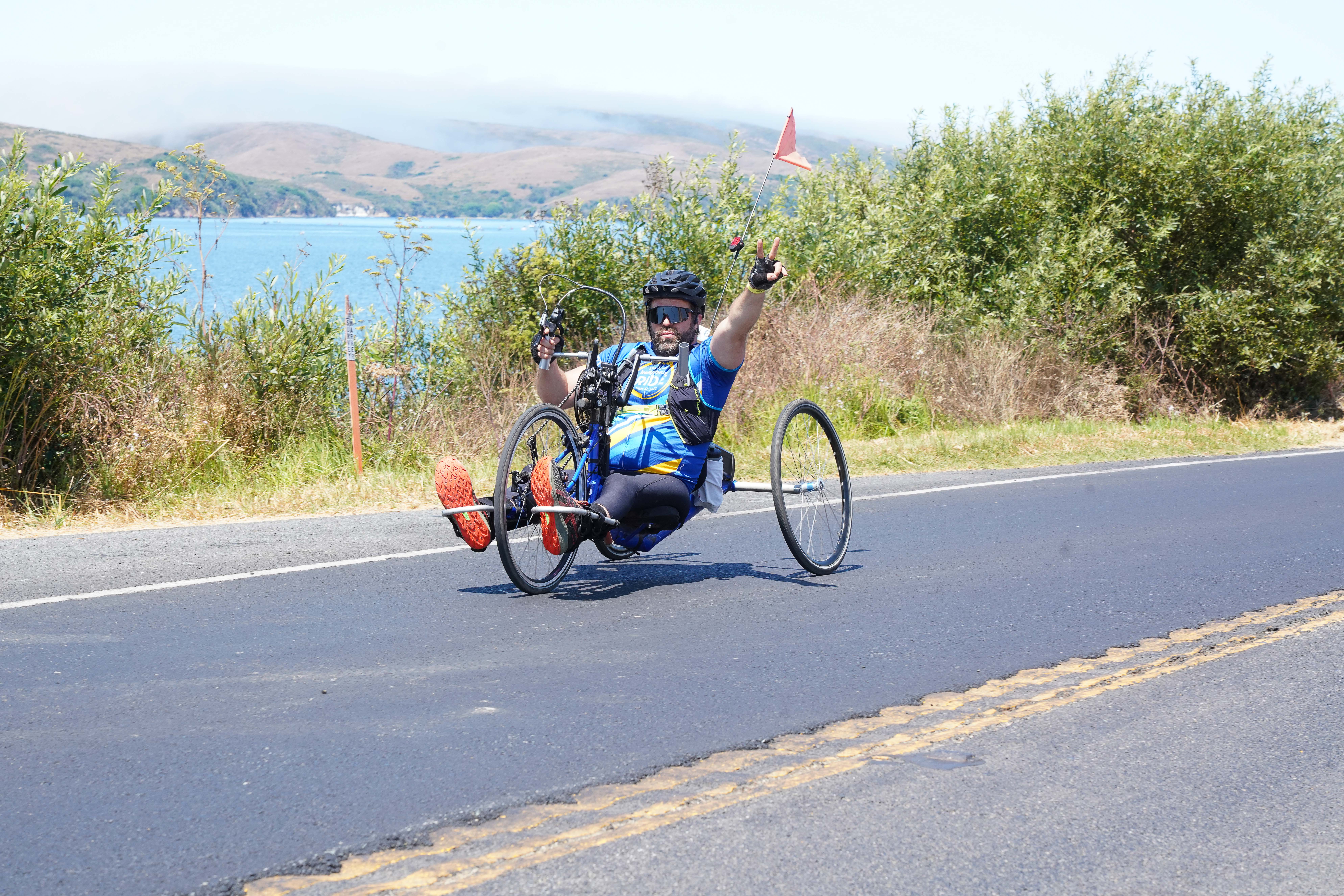 Steve Philips riding his adaptive bicycle in the 2024 Marin Century